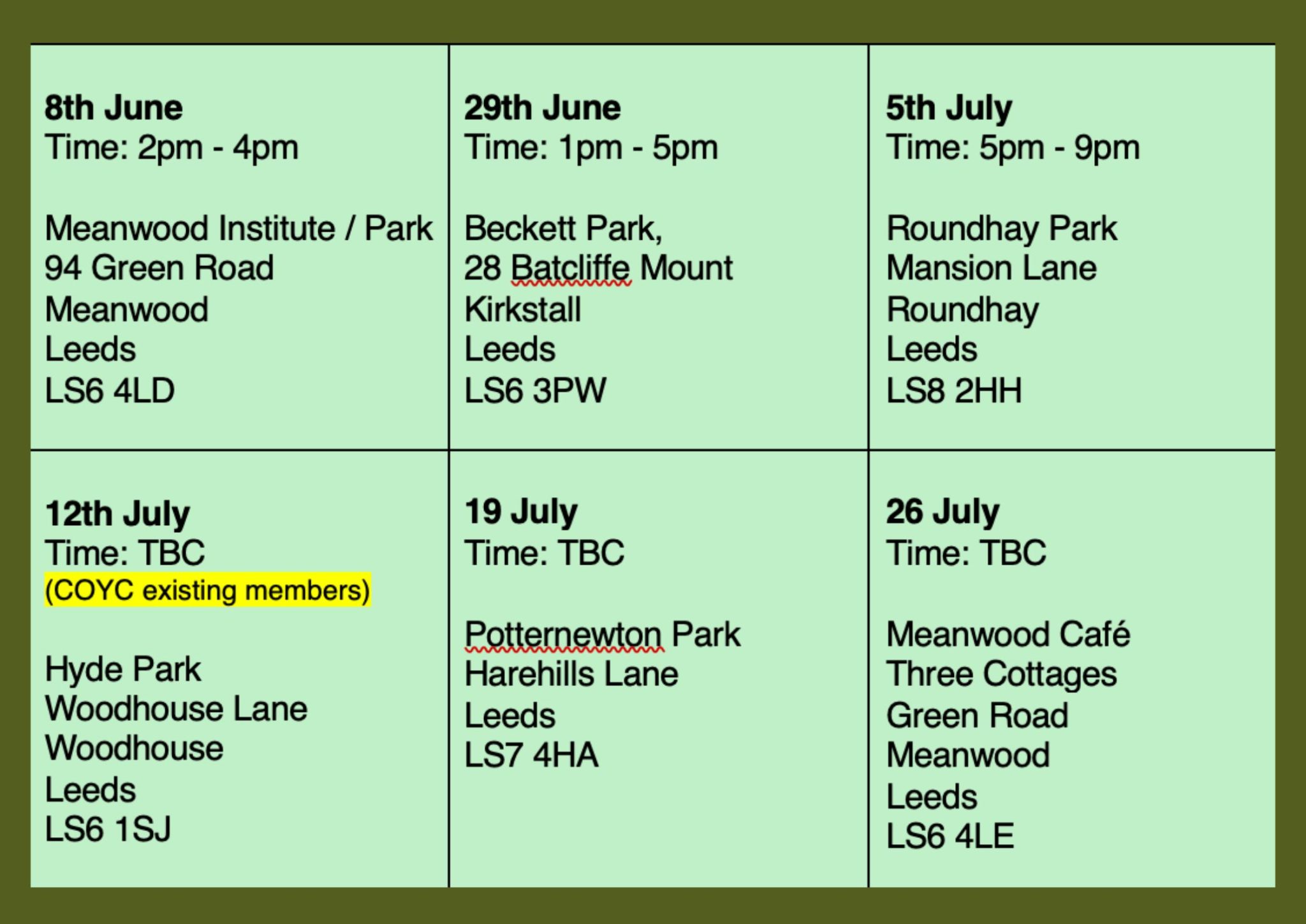 COYC picnic dates